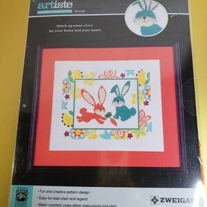 Bright Colorful Easter Bunnies Cross Stitch Kit New in Package 14x11 Orange Mint